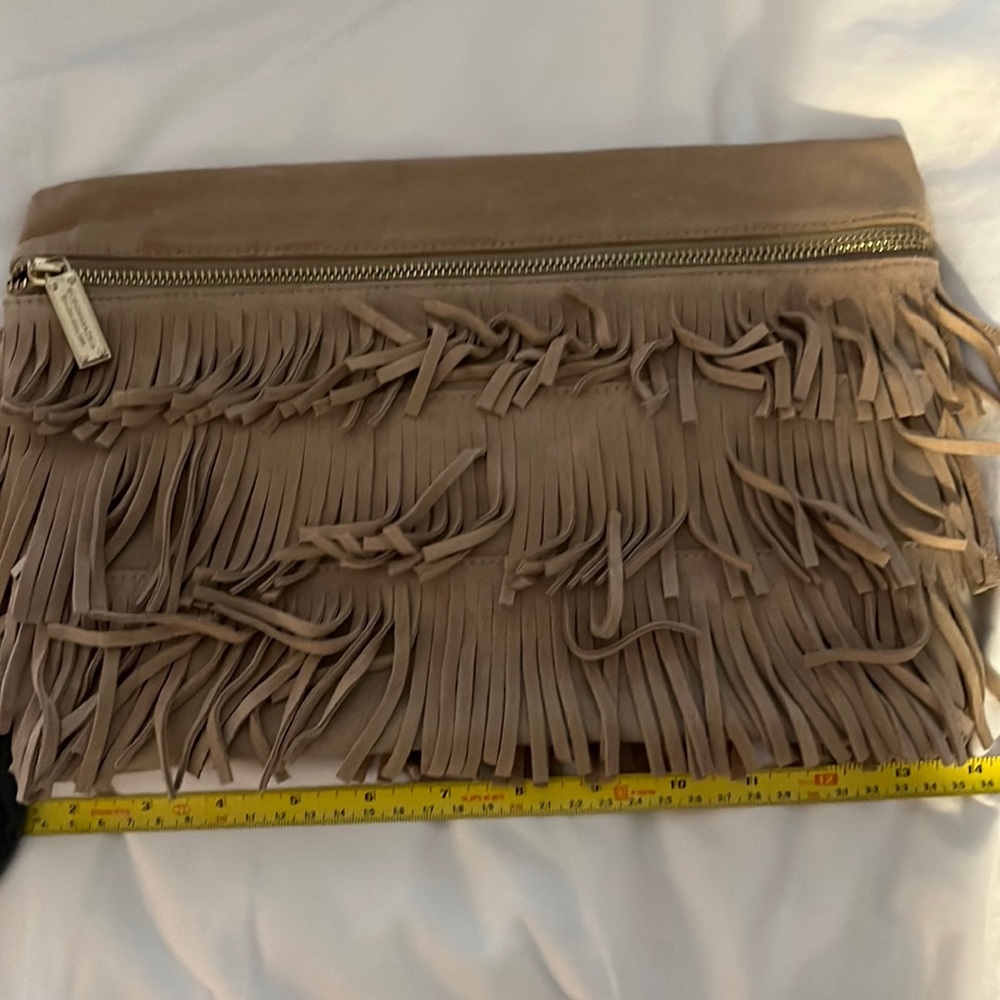 Bcbg Maxazria beige suede leather fringe clutch